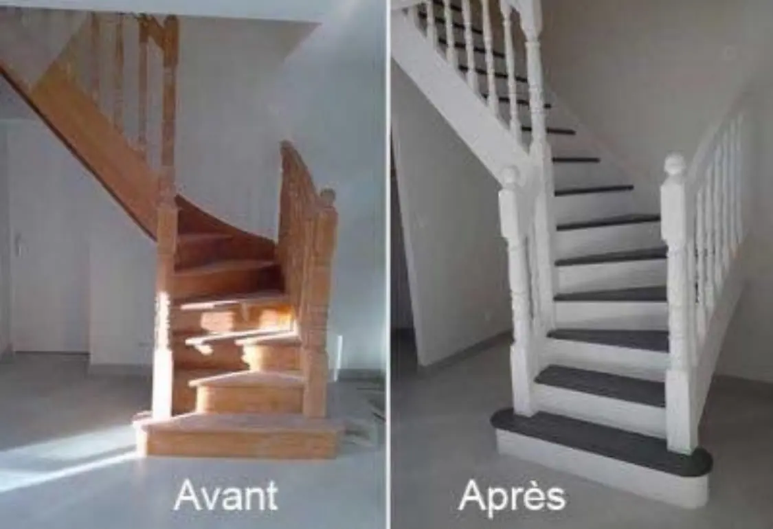 Escalier avant et après rénovation, du bois vernis au blanc