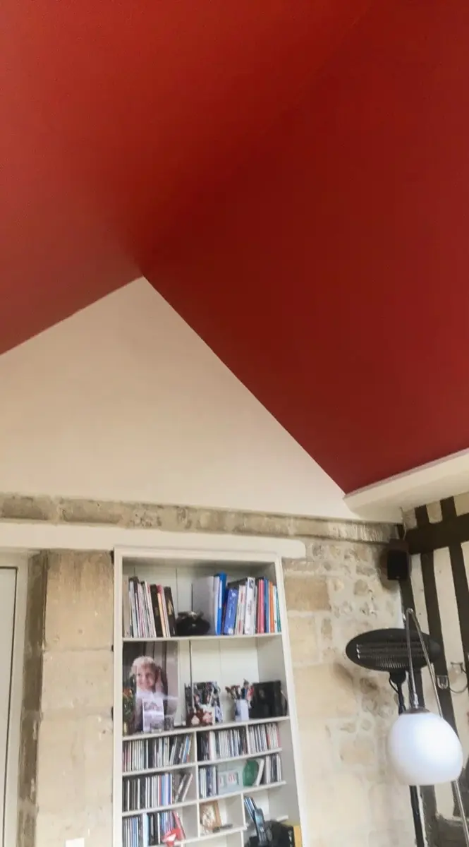 Plafond peint en rouge au-dessus d'une bibliothèque